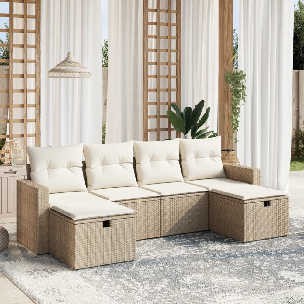 vidaXL Soffgrupp för trädgården med dynor 6 delar beige konstrotting
