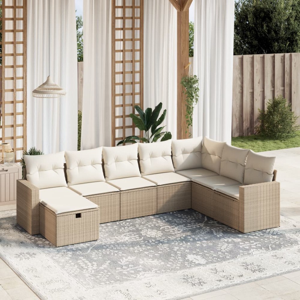 vidaXL Matgrupp för trädgården med dynor 8 delar beige konstrotting