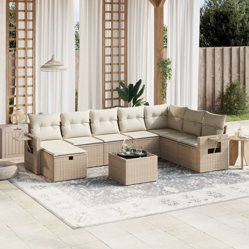 vidaXL Soffgrupp för trädgården med dynor 9 delar beige konstrotting
