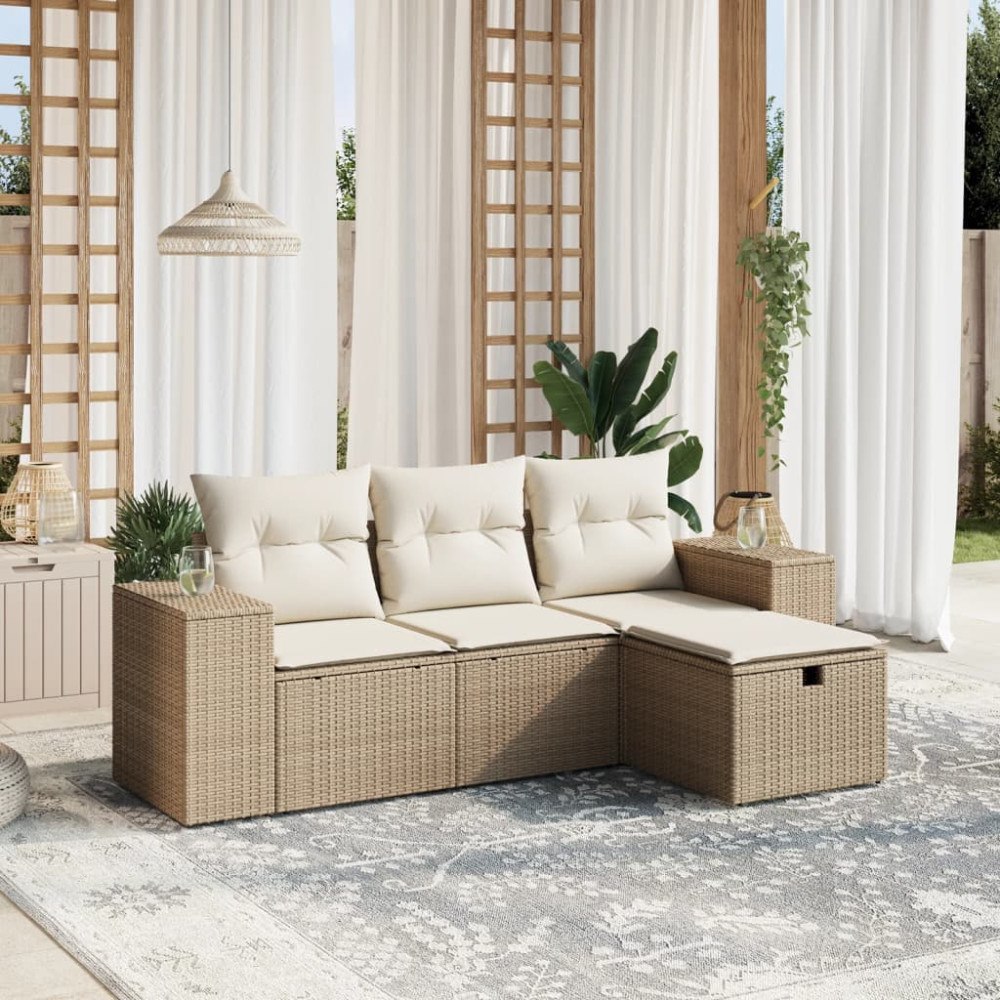 vidaXL Soffgrupp för trädgård med dynor 4 delar beige konstrotting