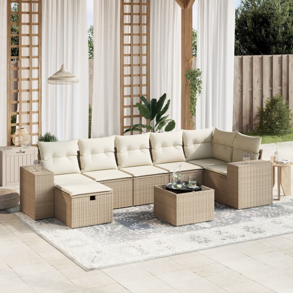 vidaXL Matgrupp för trädgården med dynor 8 delar beige konstrotting