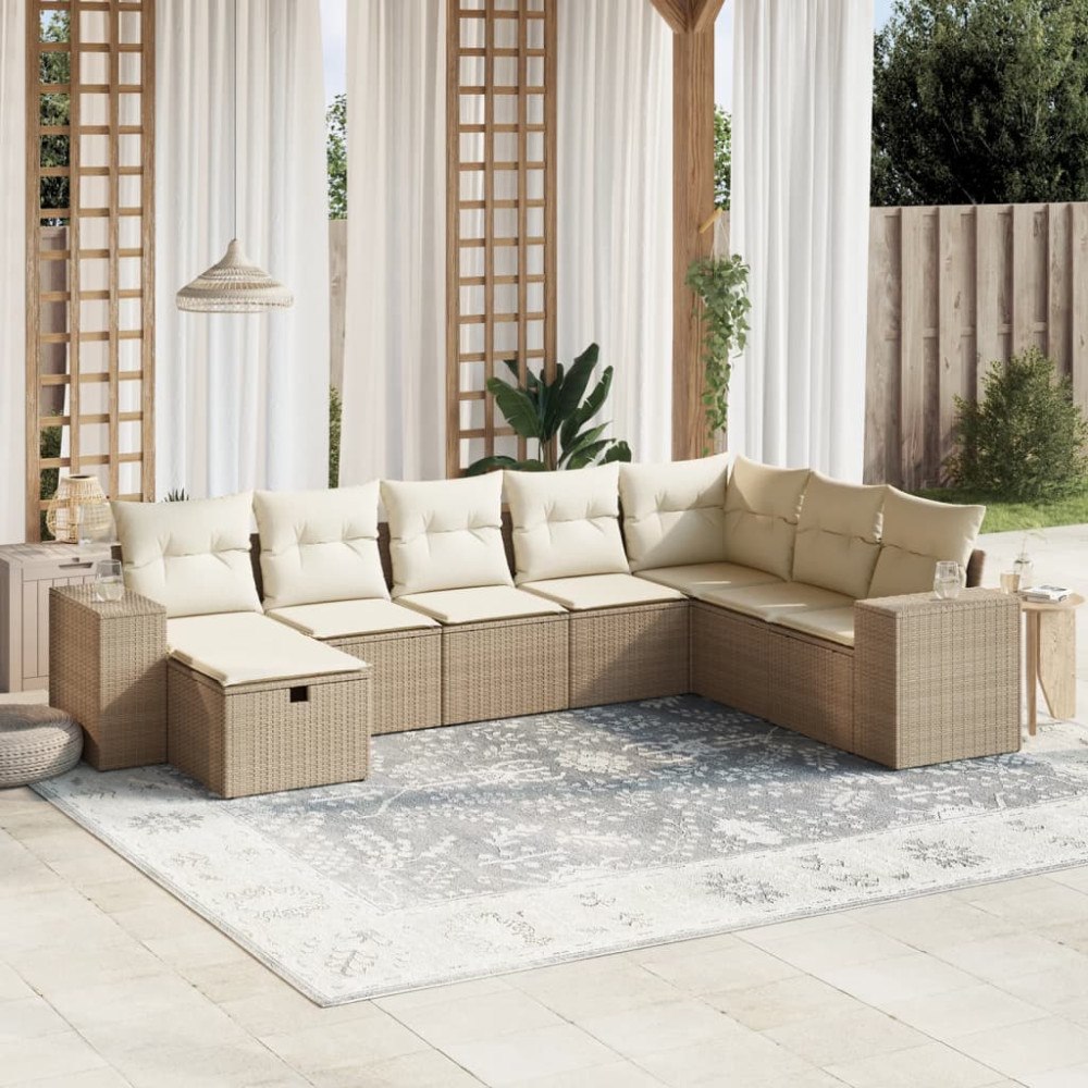 vidaXL Matgrupp för trädgården med dynor 8 delar beige konstrotting