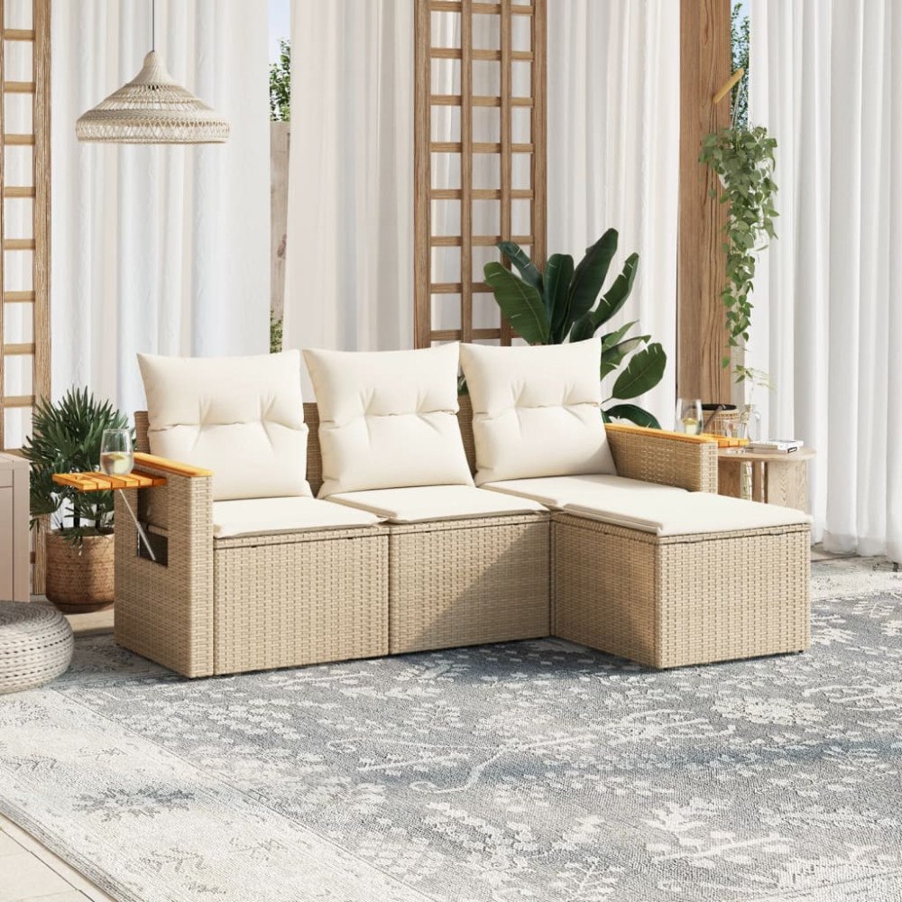 vidaXL Soffgrupp för trädgård med dynor 4 delar beige konstrotting