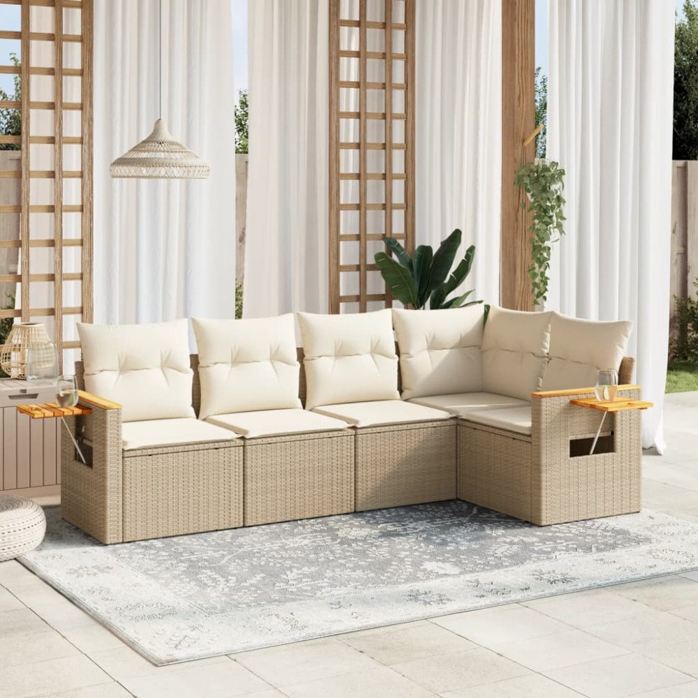 vidaXL Soffgrupp för trädgården med dynor 5 delar beige konstrotting