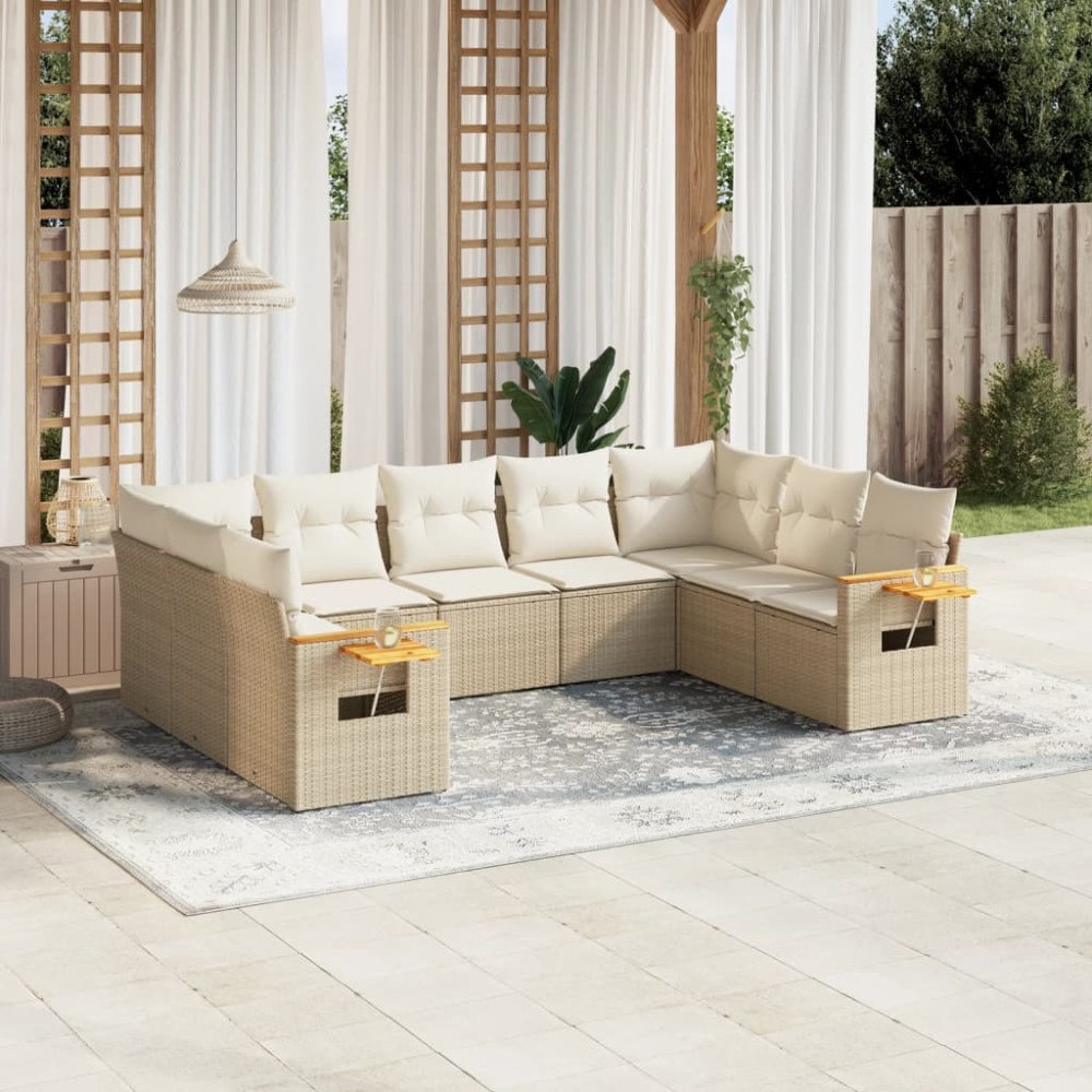 vidaXL Soffgrupp för trädgården med dynor 9 delar beige konstrotting
