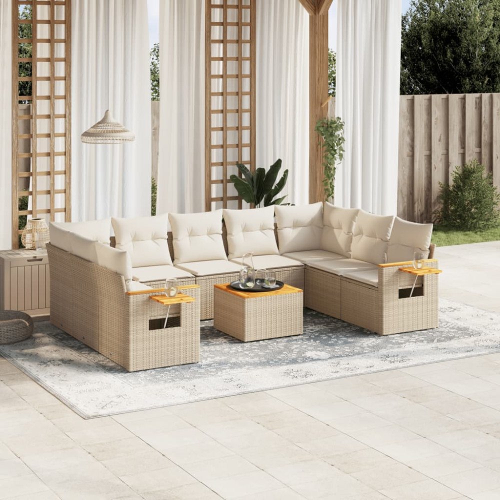 vidaXL Soffgrupp för trädgård med dynor 10 delar beige konstrotting