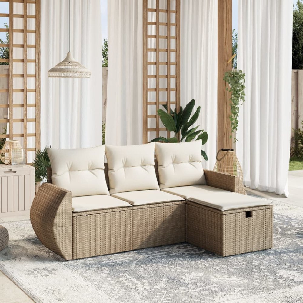 vidaXL Soffgrupp för trädgård med dynor 4 delar beige konstrotting