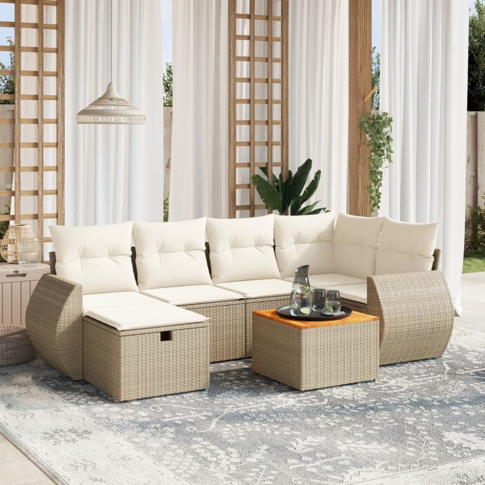 vidaXL Matgrupp för trädgården med dynor 7 delar beige konstrotting