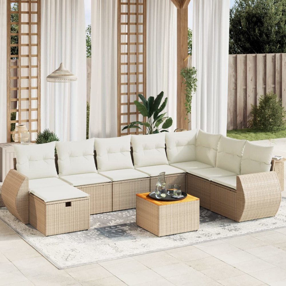 vidaXL Soffgrupp för trädgården med dynor 9 delar beige konstrotting
