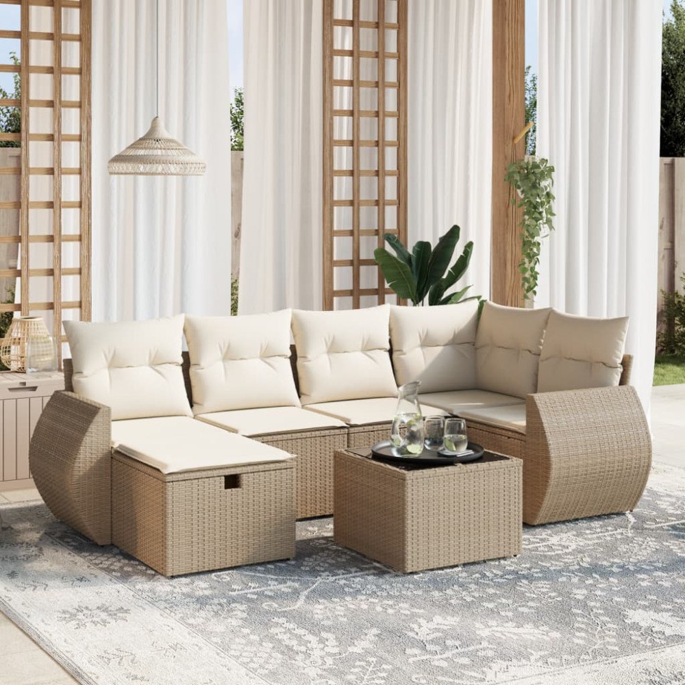 vidaXL Matgrupp för trädgården med dynor 7 delar beige konstrotting