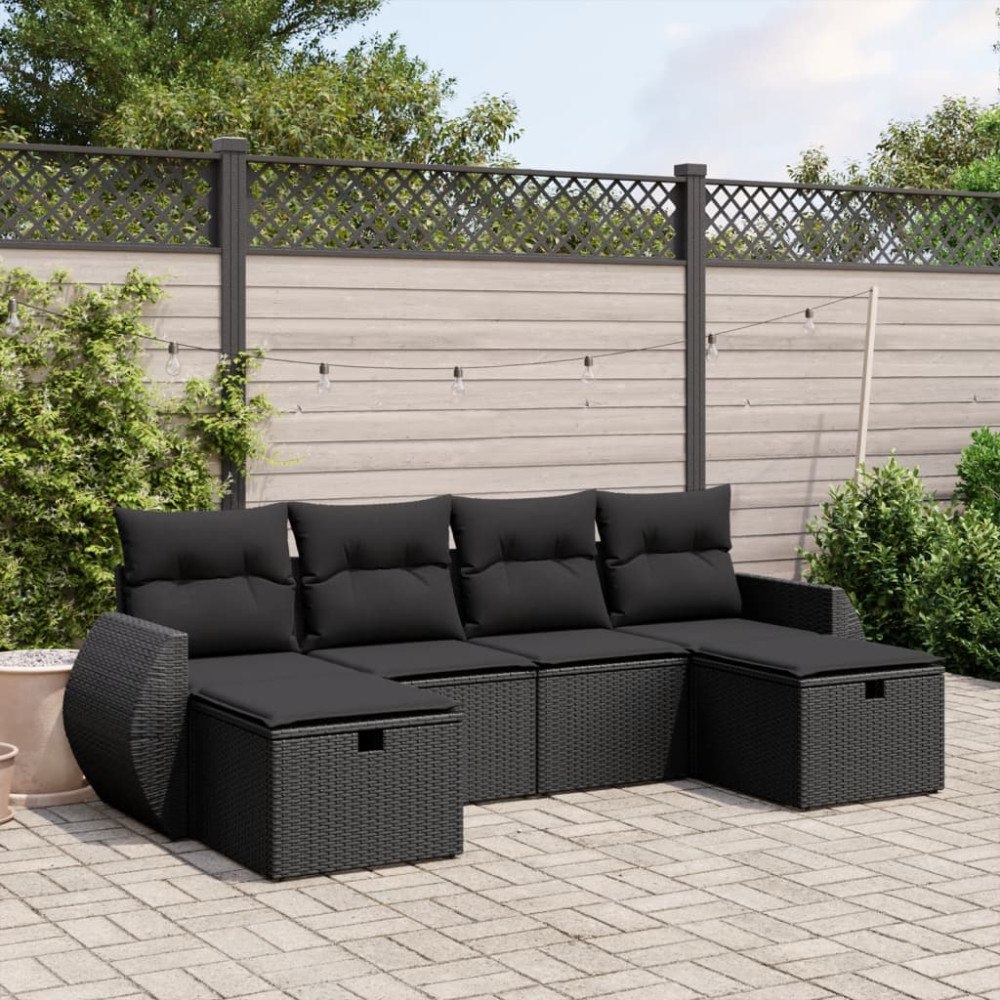 vidaXL Loungegrupp med dynor 6 delar svart konstrotting