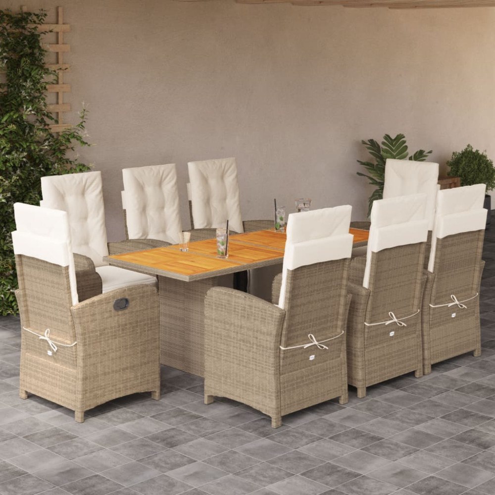 vidaXL Matgrupp för trädgården med dynor 9 delar beige konstrotting