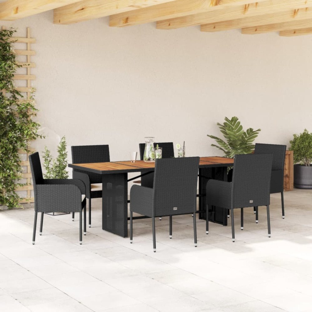 vidaXL Matgrupp för trädgården med dynor 7 delar svart konstrotting