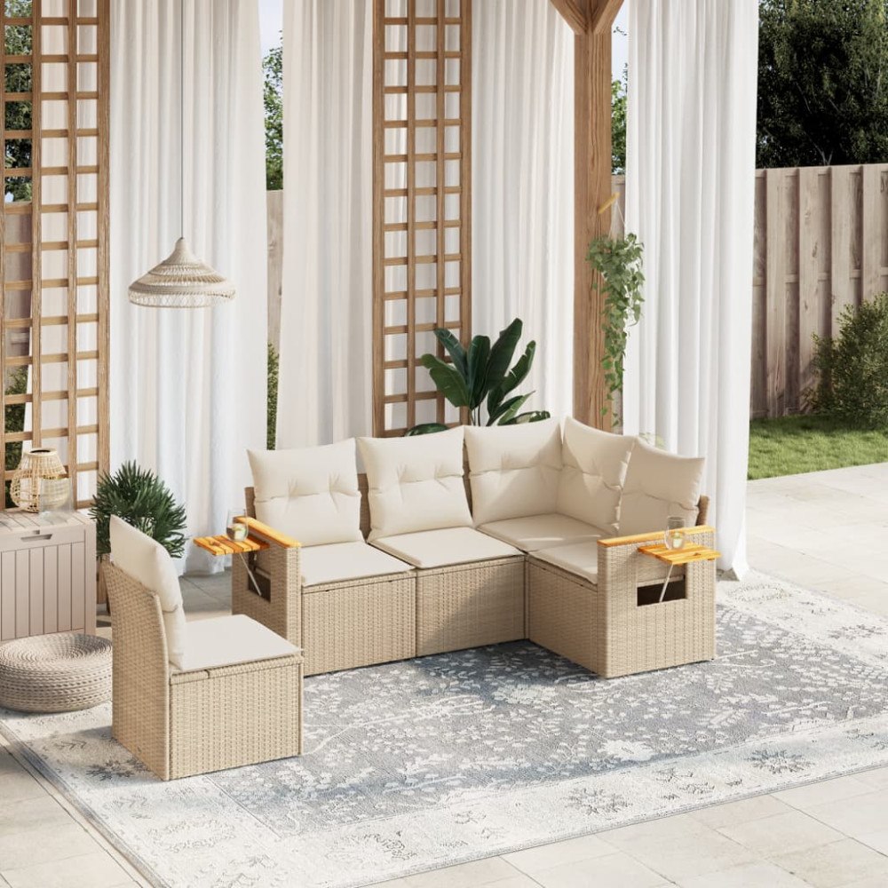 vidaXL Soffgrupp för trädgården med dynor 5 delar beige konstrotting