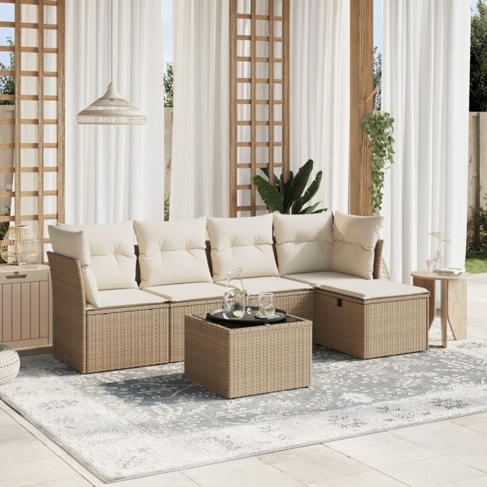 vidaXL Soffgrupp för trädgården med dynor 6 delar beige konstrotting