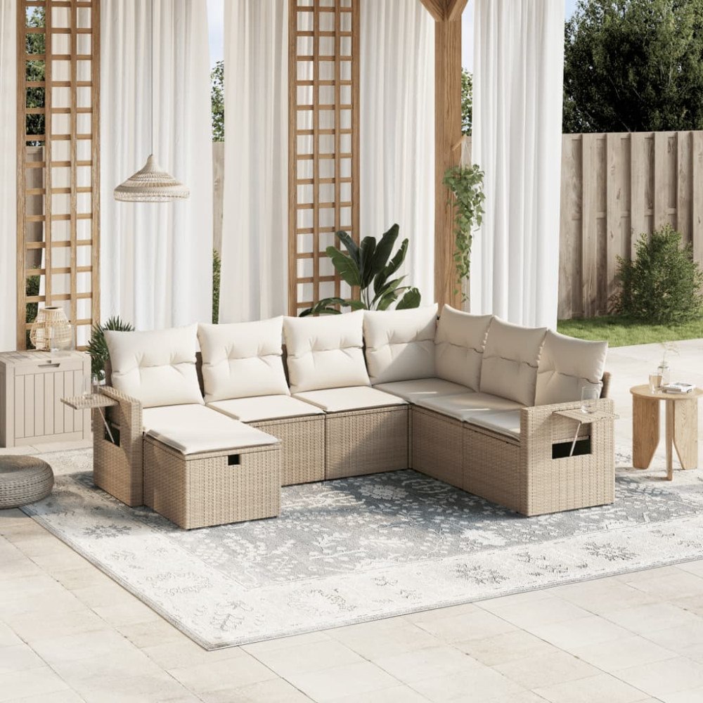 vidaXL Matgrupp för trädgården med dynor 7 delar beige konstrotting