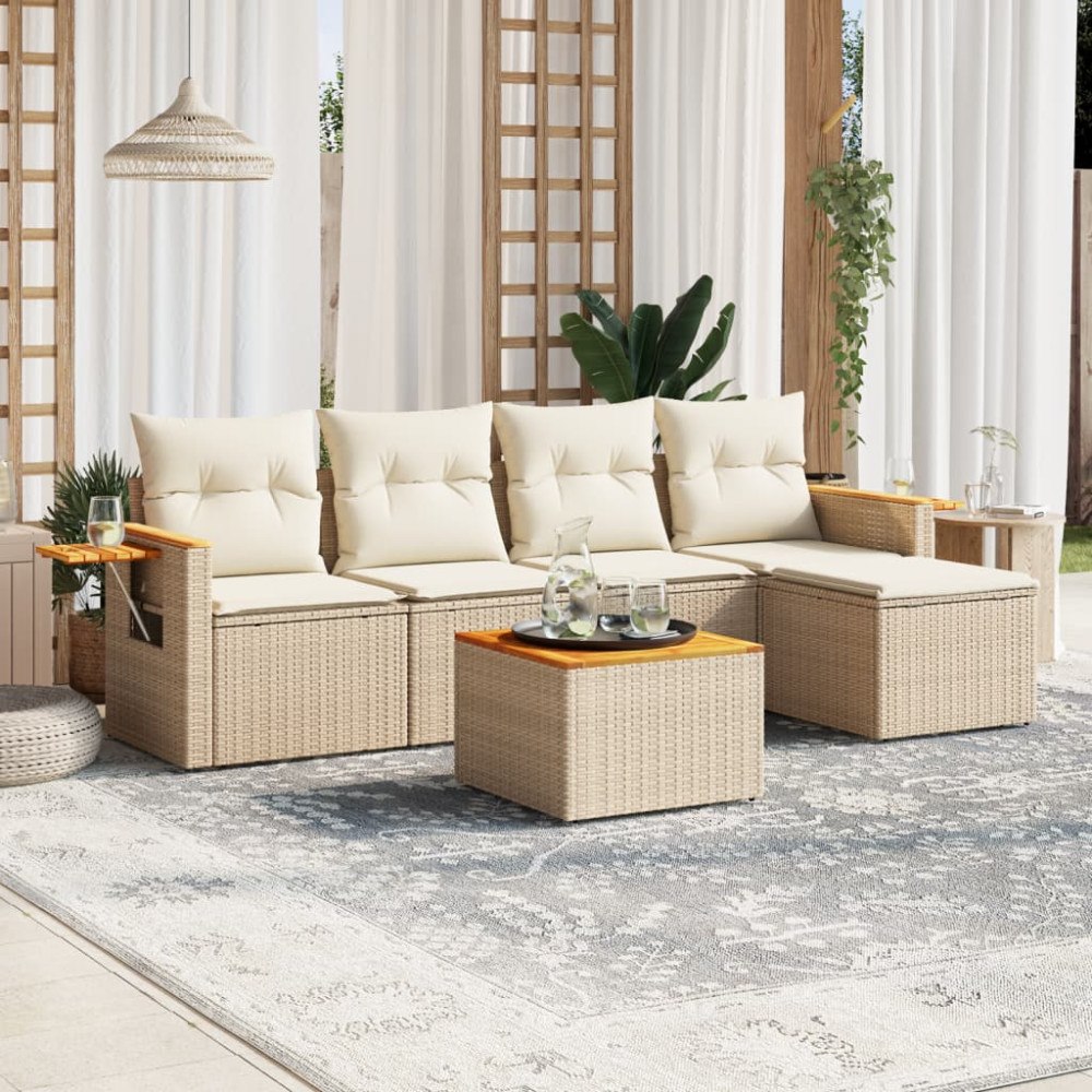 vidaXL Soffgrupp för trädgården med dynor 6 delar beige konstrotting