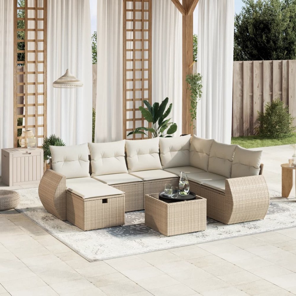 vidaXL Matgrupp för trädgården med dynor 8 delar beige konstrotting