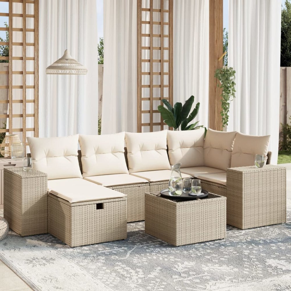 vidaXL Matgrupp för trädgården med dynor 7 delar beige konstrotting