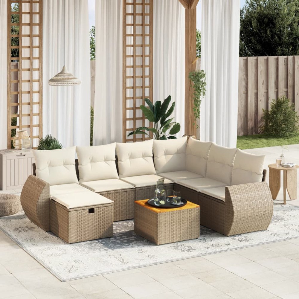 vidaXL Matgrupp för trädgården med dynor 8 delar beige konstrotting
