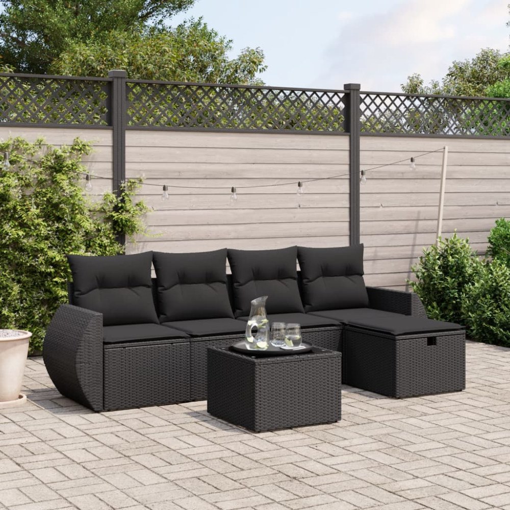 vidaXL Loungegrupp med dynor 6 delar svart konstrotting