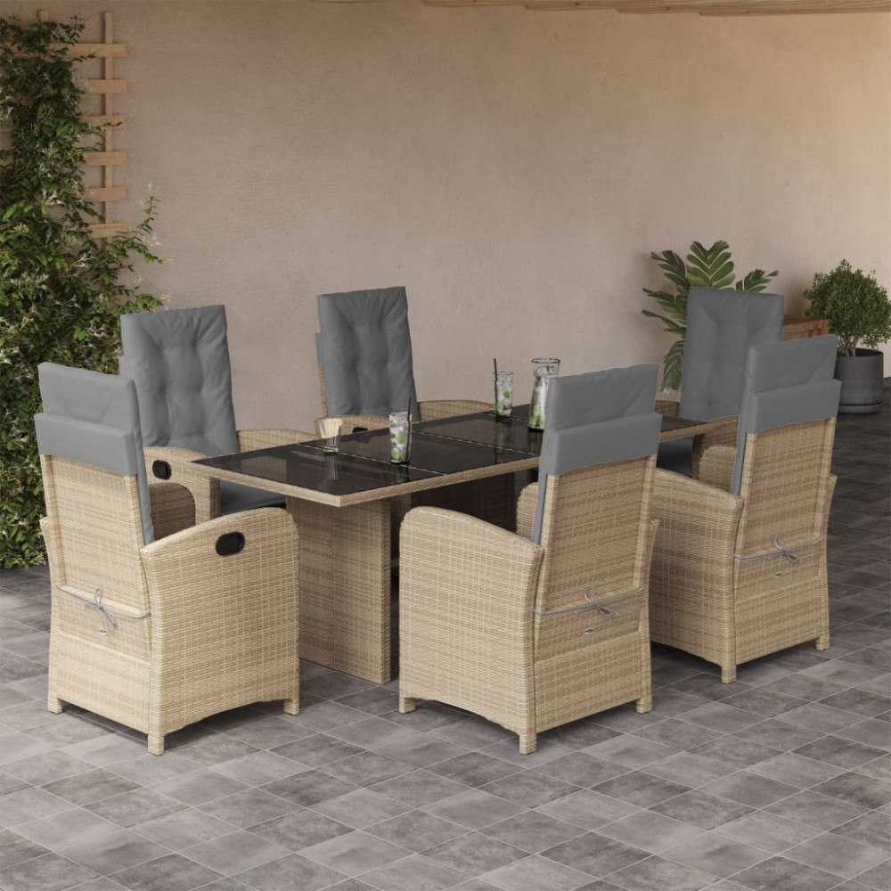 vidaXL Matgrupp för trädgården med dynor 7 delar mixbeige konstrotting