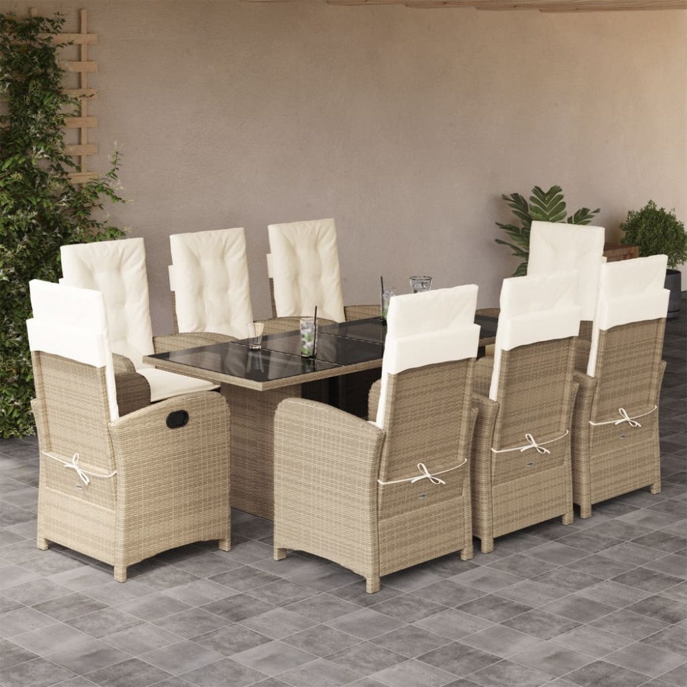 vidaXL Matgrupp för trädgården med dynor 9 delar beige konstrotting