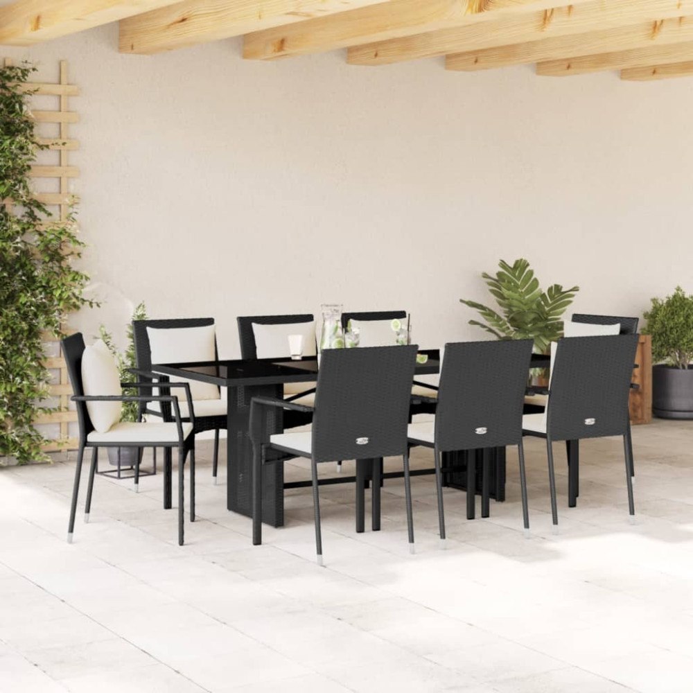 vidaXL Matgrupp för trädgården med dynor 9 delar svart konstrottning