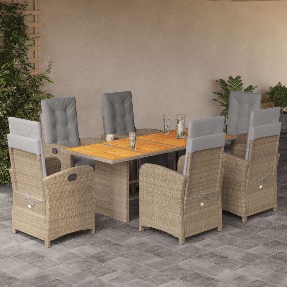 vidaXL Matgrupp för trädgården med dynor 7 delar beige konstrotting