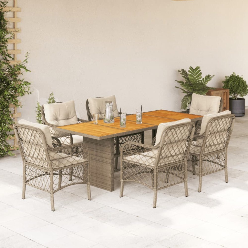 vidaXL Matgrupp för trädgården med dynor 7 delar beige konstrotting