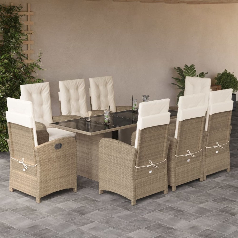 vidaXL Matgrupp för trädgården med dynor 9 delar beige konstrotting