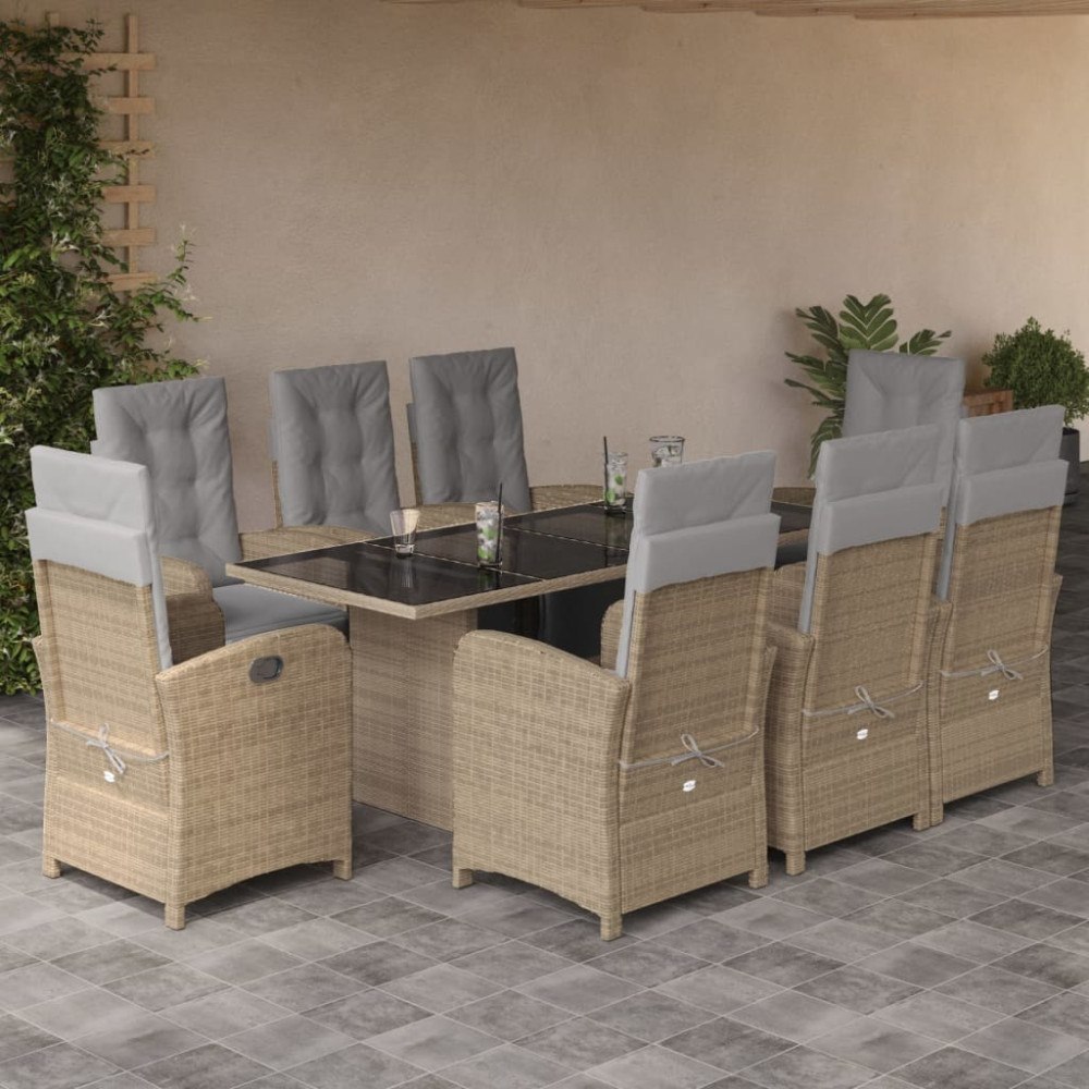 vidaXL Matgrupp för trädgården med dynor 9 delar beige konstrotting
