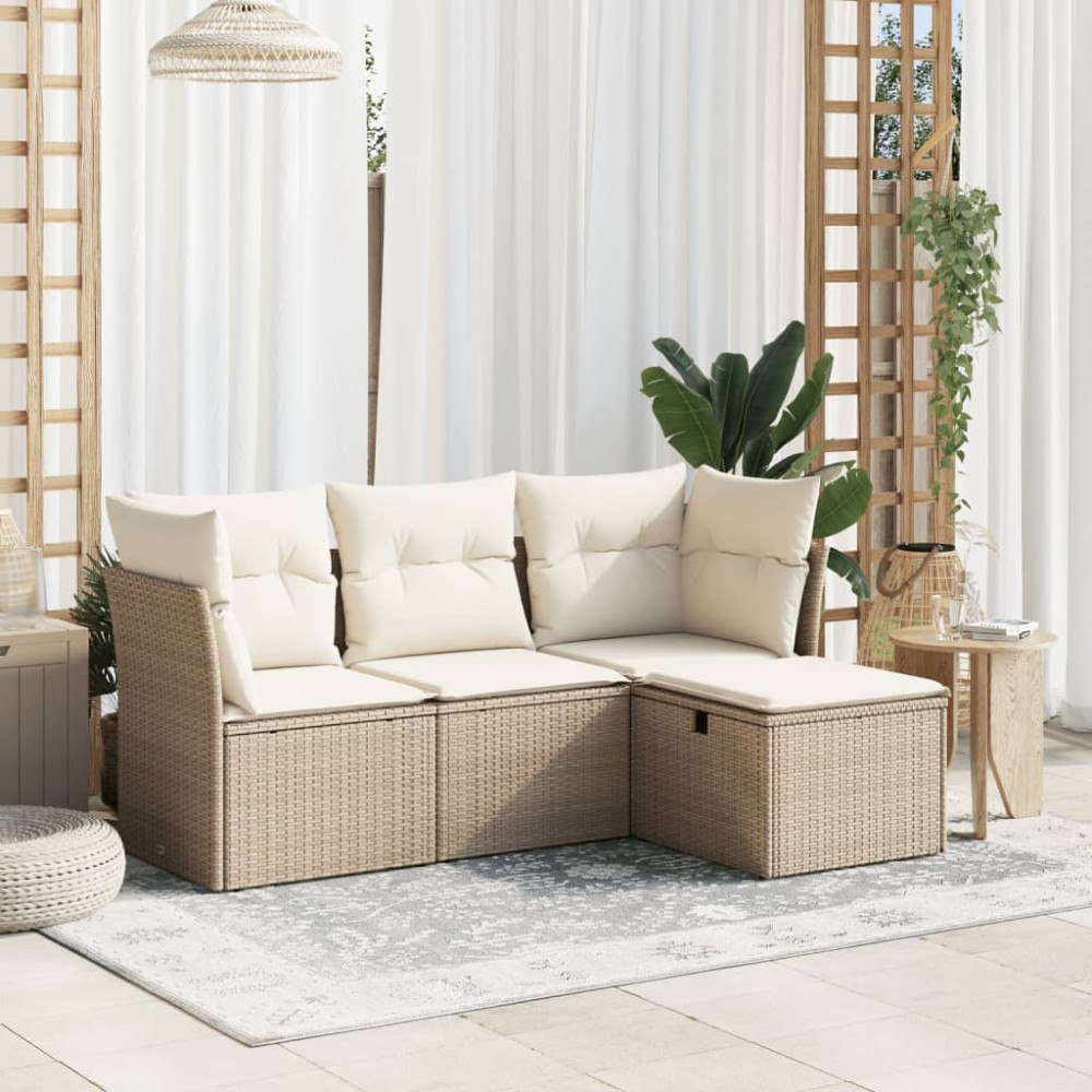 vidaXL Soffgrupp för trädgård med dynor 4 delar beige konstrotting
