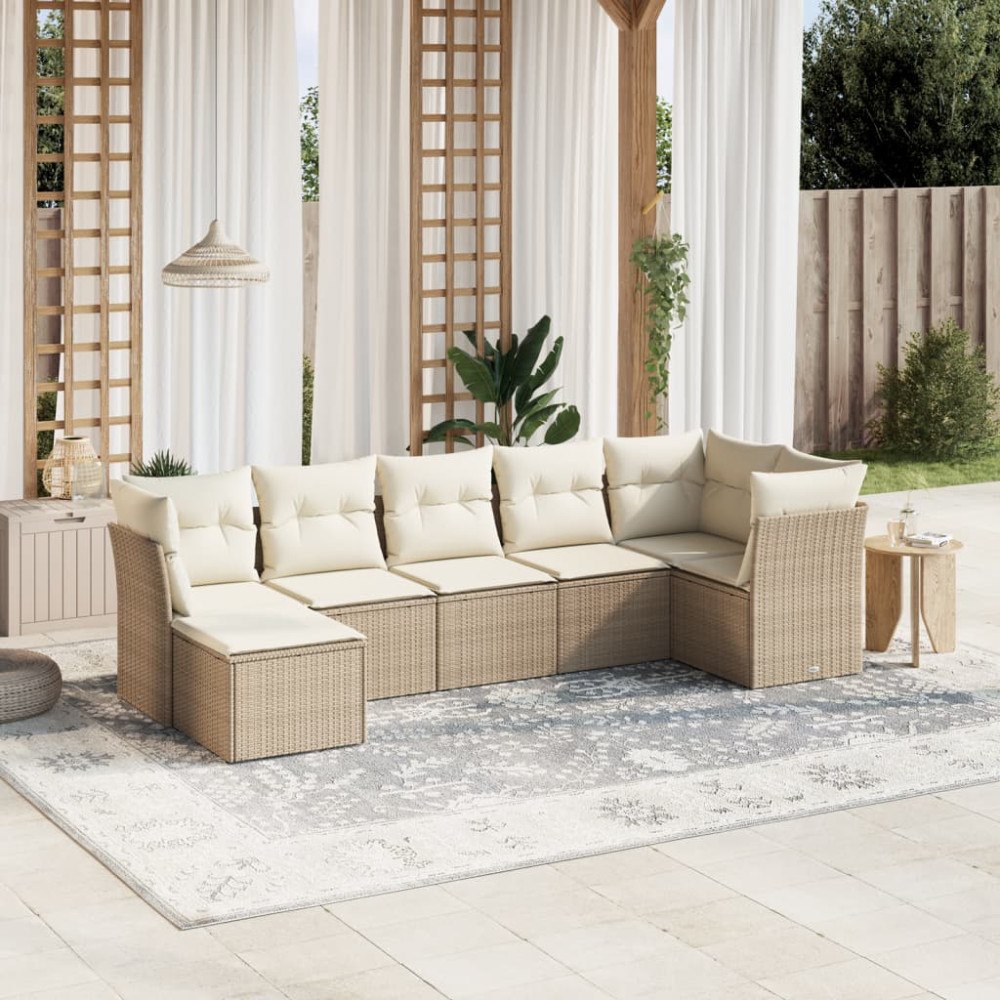vidaXL Matgrupp för trädgården med dynor 7 delar beige konstrotting