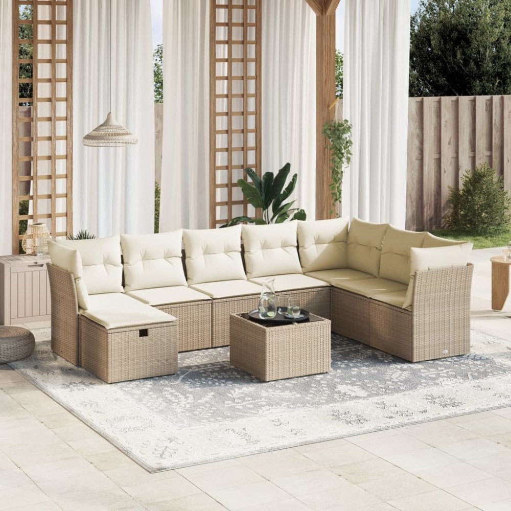 vidaXL Soffgrupp för trädgården med dynor 9 delar beige konstrotting