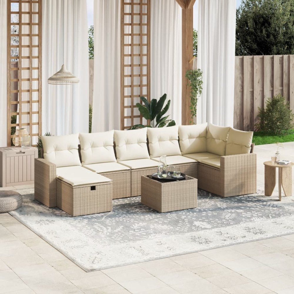 vidaXL Matgrupp för trädgården med dynor 8 delar beige konstrotting