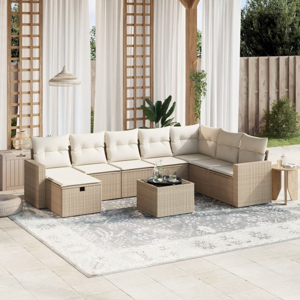 vidaXL Soffgrupp för trädgården med dynor 9 delar beige konstrotting