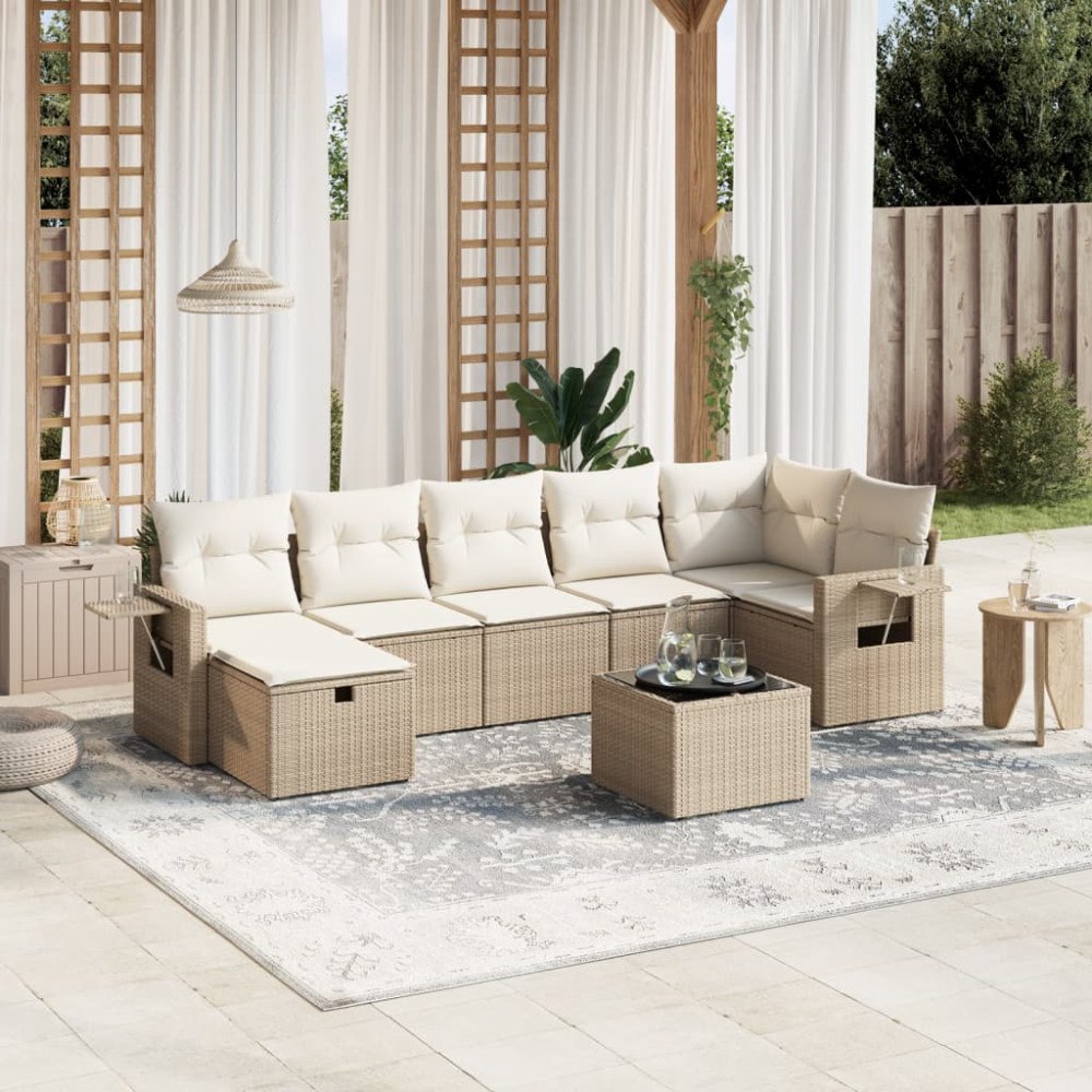 vidaXL Matgrupp för trädgården med dynor 8 delar beige konstrotting