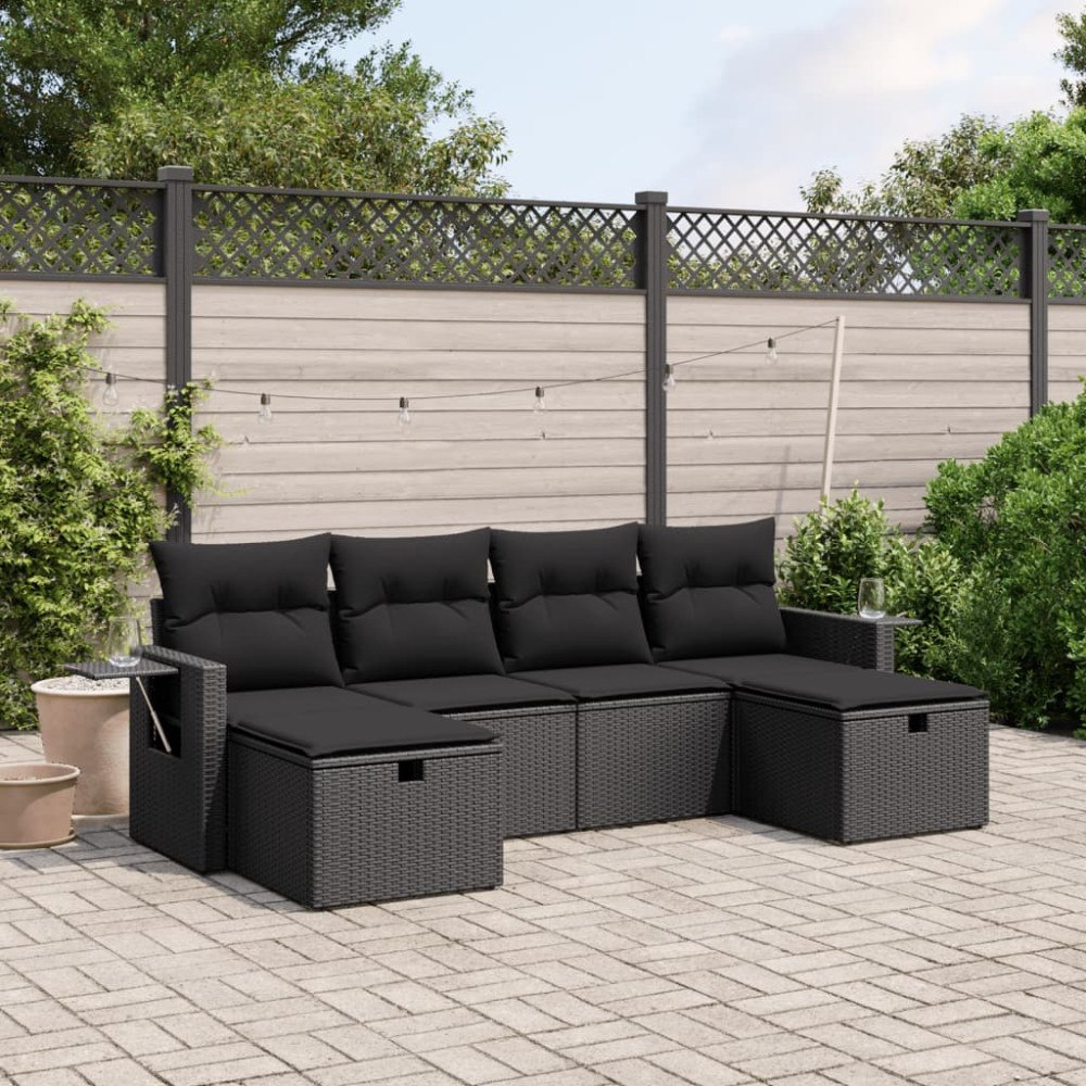 vidaXL Loungegrupp med dynor 6 delar svart konstrotting