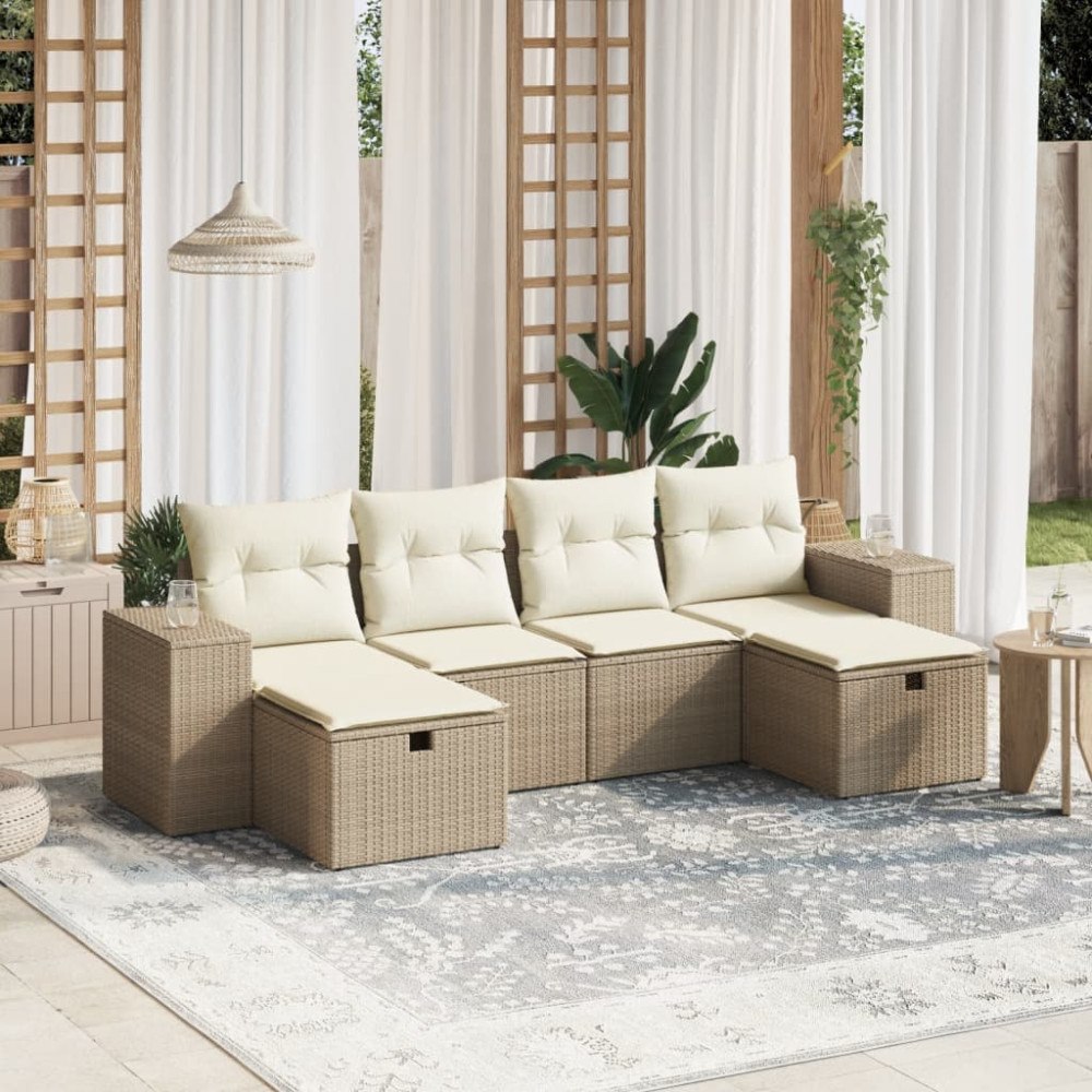 vidaXL Soffgrupp för trädgården med dynor 6 delar beige konstrotting