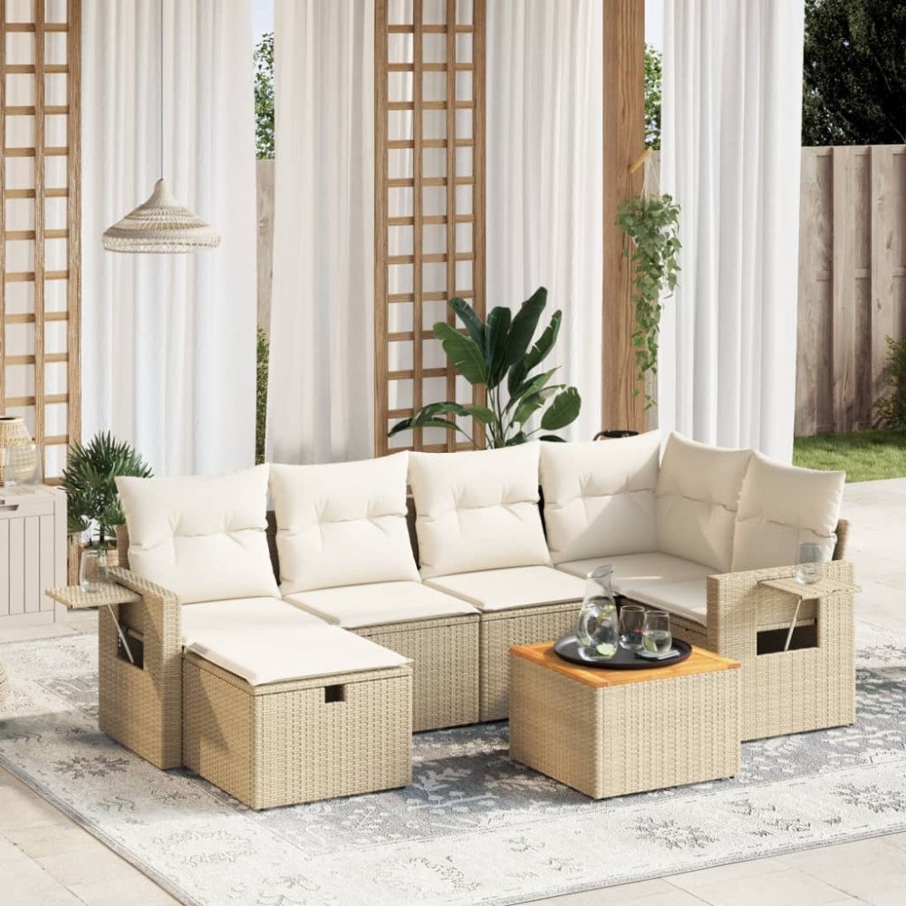 vidaXL Matgrupp för trädgården med dynor 7 delar beige konstrotting