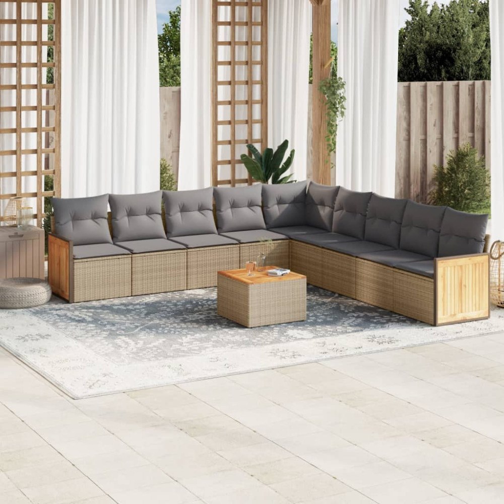 vidaXL Soffgrupp för trädgård med dynor 10 delar beige konstrotting