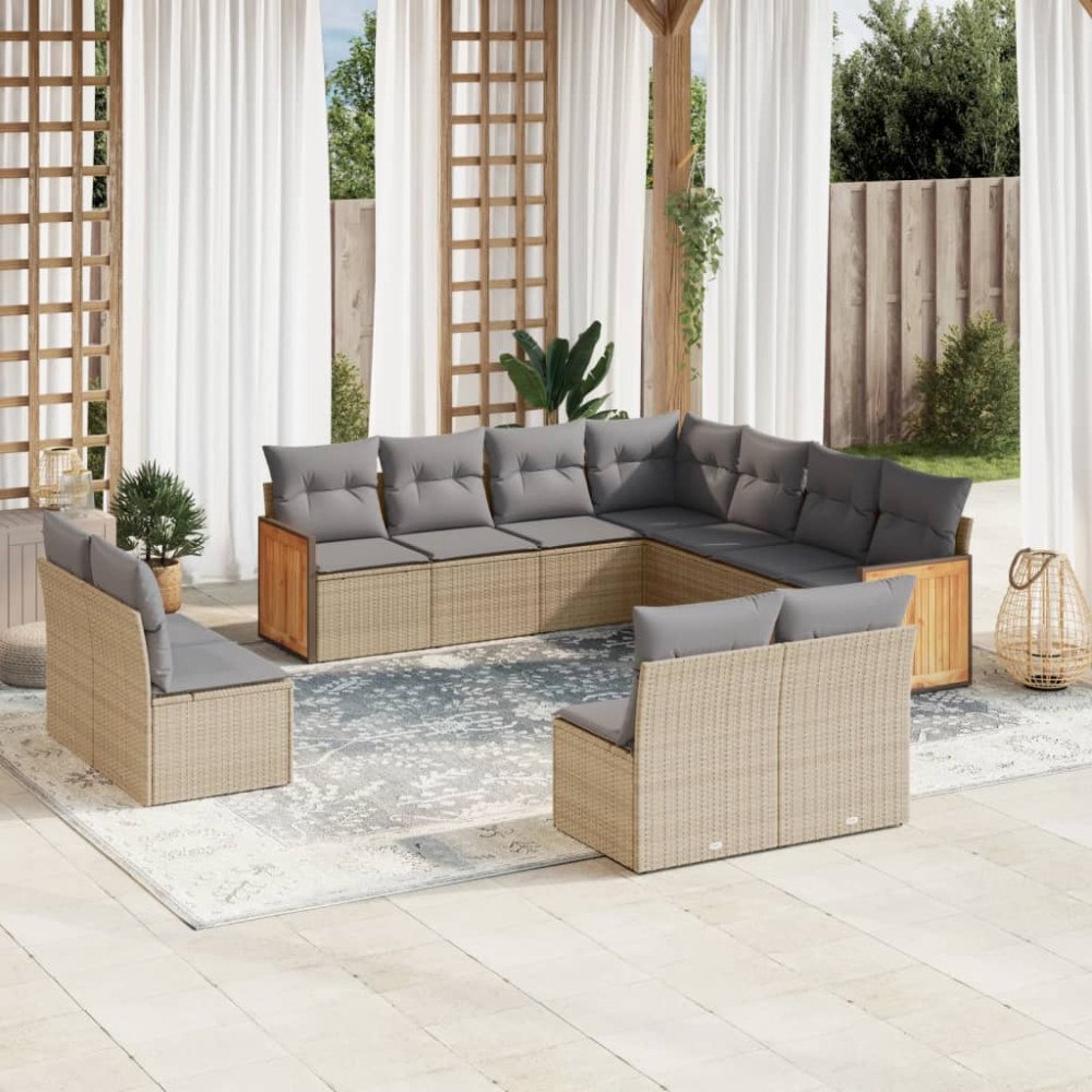 vidaXL Loungegrupp för trädgården m. dynor 11 delar beige konstrotting