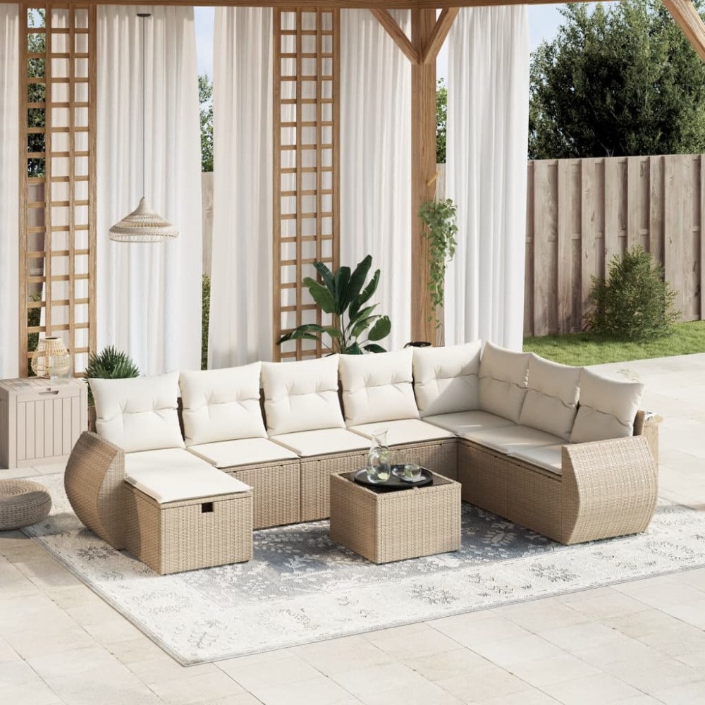 vidaXL Soffgrupp för trädgården med dynor 9 delar beige konstrotting