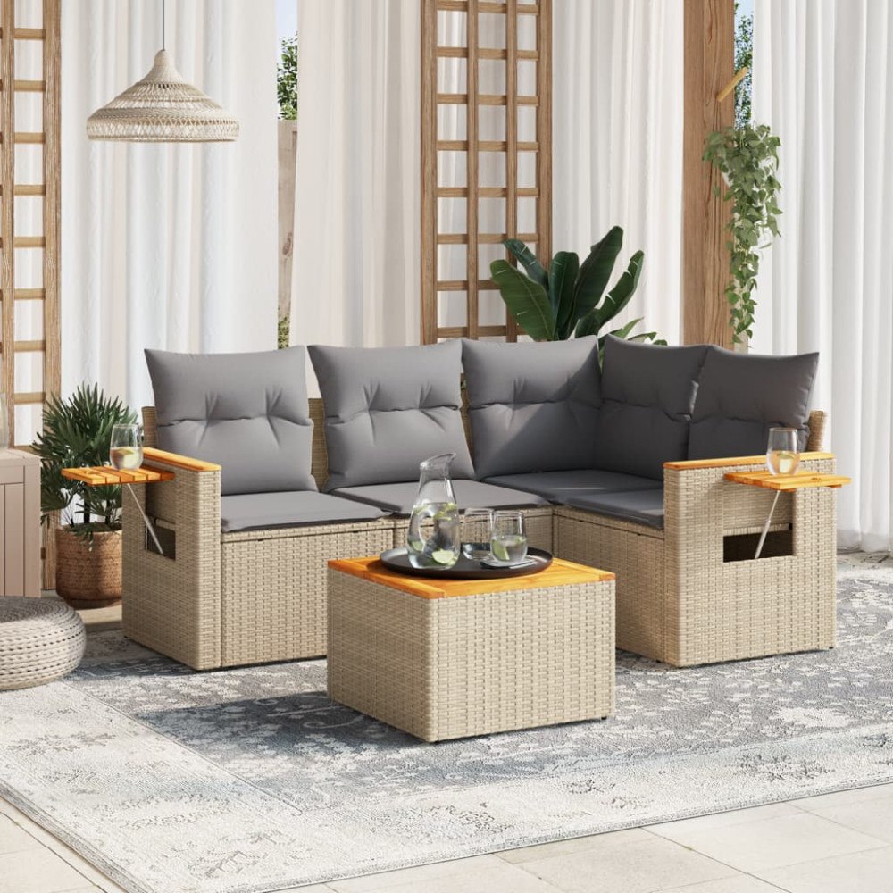 vidaXL Soffgrupp för trädgården med dynor 5 delar beige konstrotting