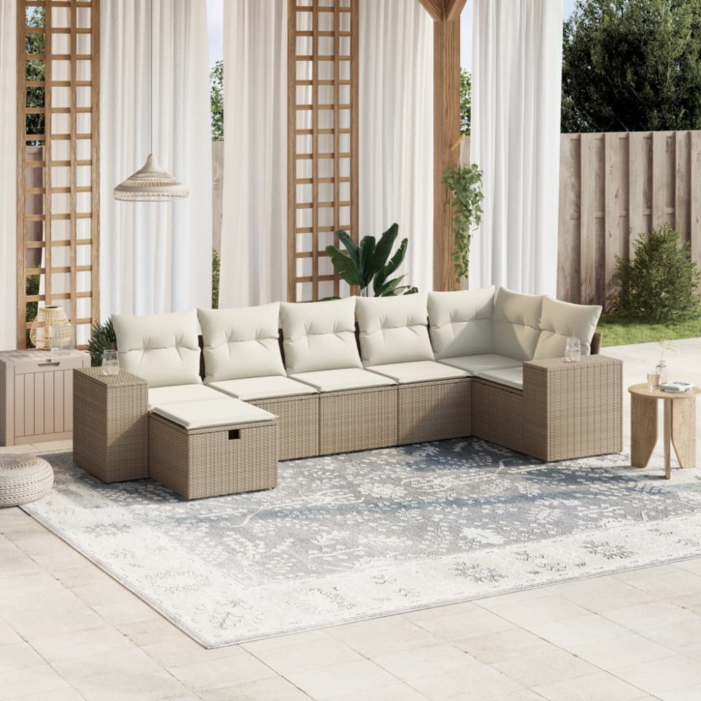 vidaXL Matgrupp för trädgården med dynor 7 delar beige konstrotting