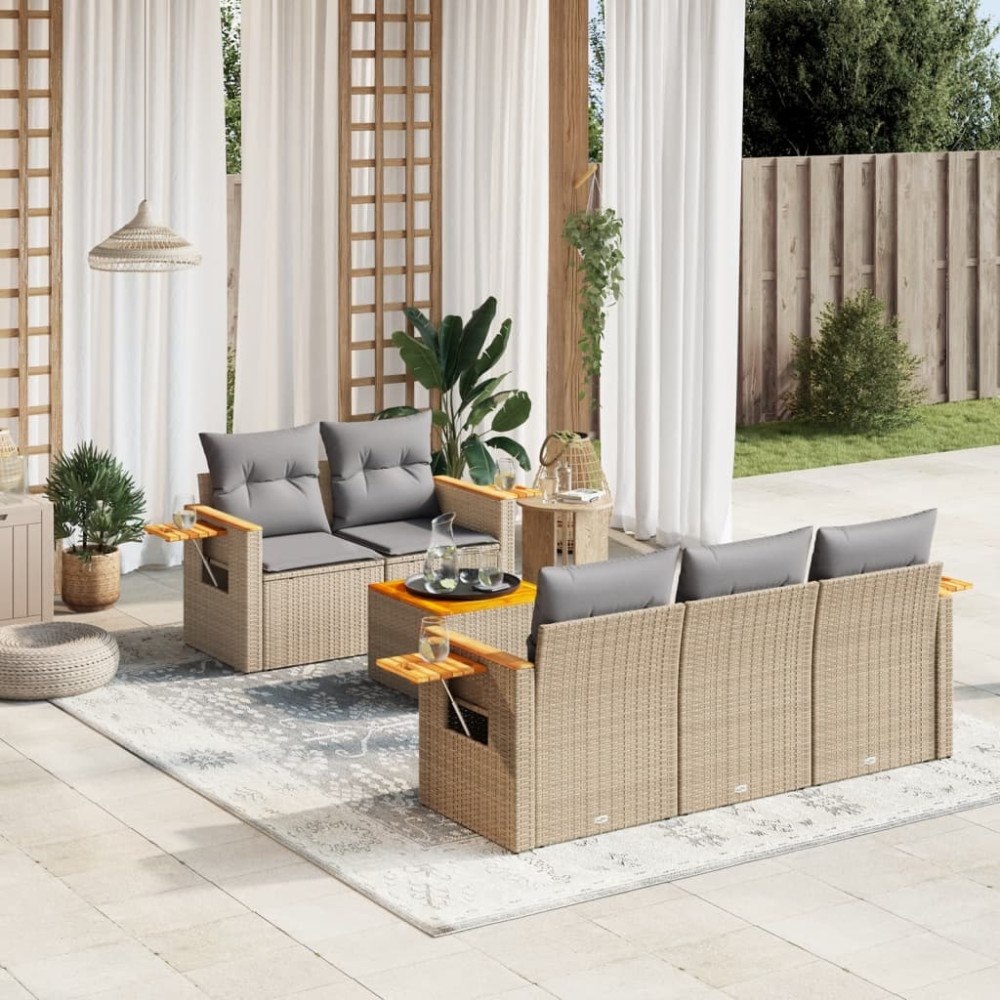 vidaXL Soffgrupp för trädgården med dynor 6 delar beige konstrotting