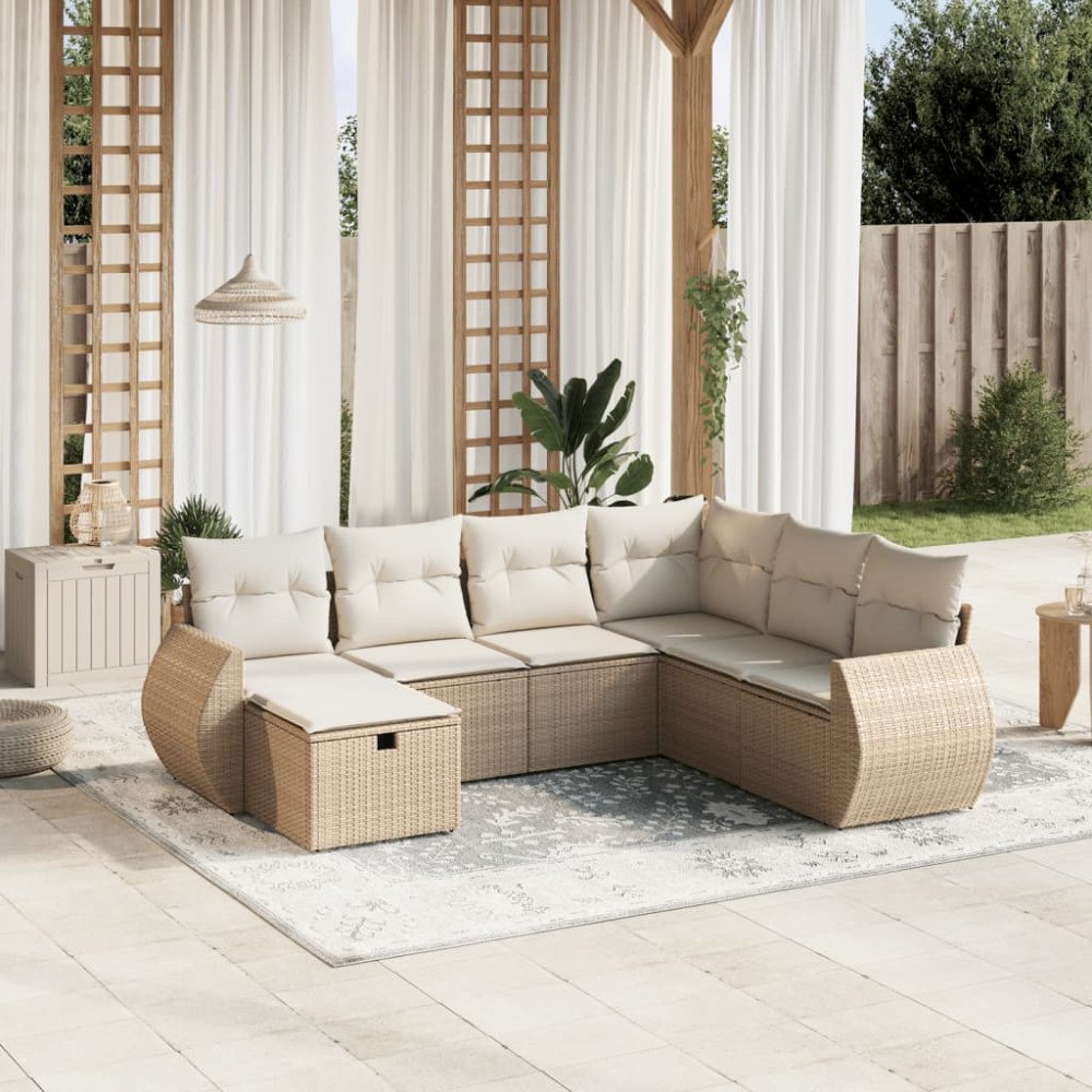 vidaXL Matgrupp för trädgården med dynor 7 delar beige konstrotting