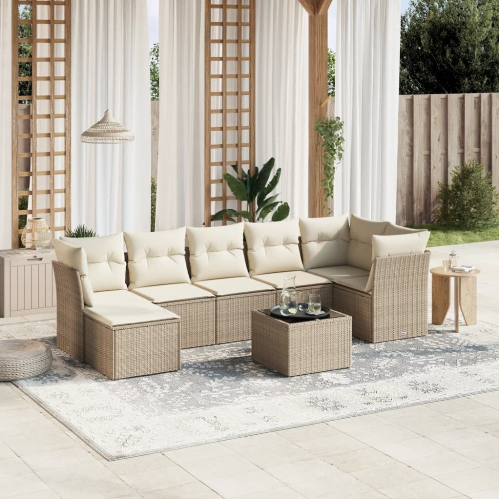 vidaXL Matgrupp för trädgården med dynor 8 delar beige konstrotting