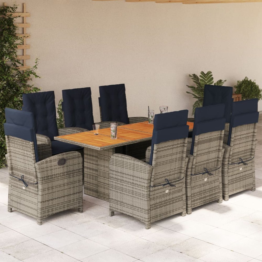 vidaXL Matgrupp för trädgården med dynor 9 delar beige konstrotting